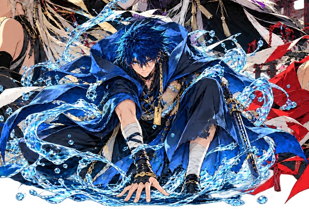 Shinobi da água, cabelo azul, manto azul